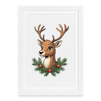 Tête de cerf avec couronne de Noël - Affiche encadrée (27 × 37 cm) - blanc - Devant