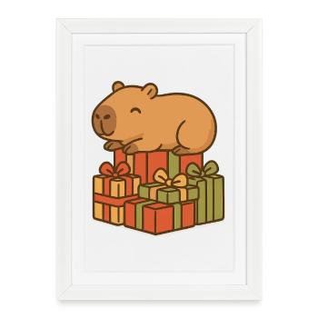 ✨ Capybara endormi sur les cadeaux de Noël - Affiche encadrée (27 × 37 cm) - blanc - Devant