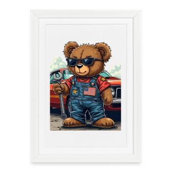 Mécanicien ours en muscle car - Affiche encadrée (27 × 37 cm) - blanc - Devant