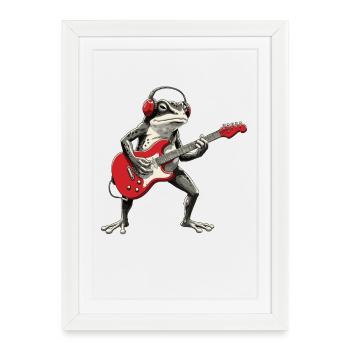 Guitare grenouille avec casque - Affiche encadrée (27 × 37 cm) - blanc - Devant