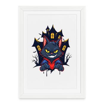 Chat souriant devant une maison hantée - Affiche encadrée (27 × 37 cm) - blanc - Devant