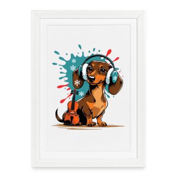 Teckel de musique d’hiver avec casque - Affiche encadrée (27 × 37 cm) - blanc - Devant
