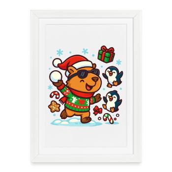 Capybara heureux avec des pingouins – Drôle - Affiche encadrée (27 × 37 cm) - blanc - Devant