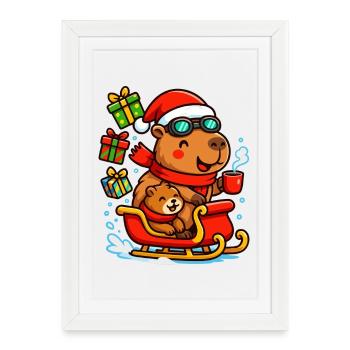 Christmas Capybara in a Sleigh – Cozy Chris - Framed poster (27 × 37 cm) - white - Front