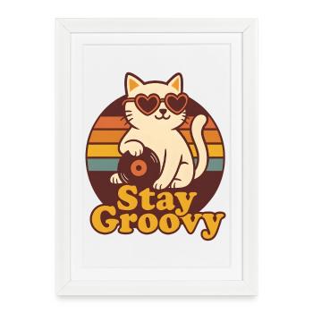 Stay Goovy Cat Vinyle Rétro - Affiche encadrée (27 × 37 cm) - blanc - Devant