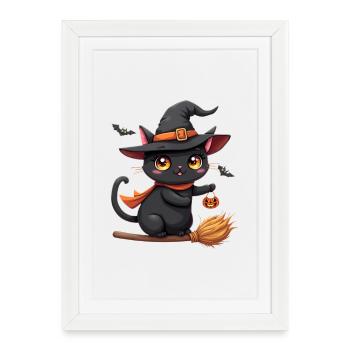 Chat d’Halloween avec citrouille d’Halloween - Affiche encadrée (27 × 37 cm) - blanc - Devant