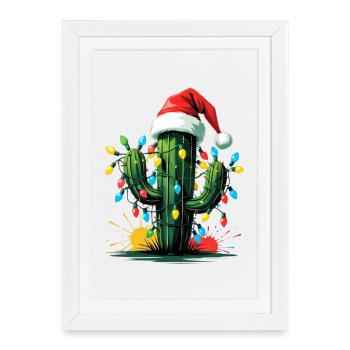 Cactus with fairy lights and Santa hat - Framed poster (27 × 37 cm) - white - Front