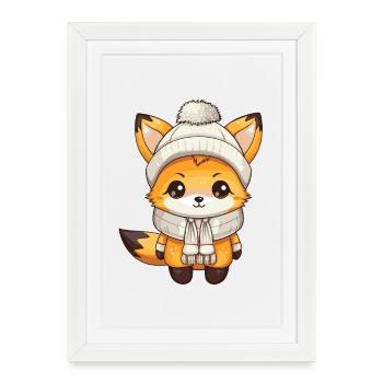Renard Hiver Animal Bébé Bande Dessinée - Affiche encadrée (27 × 37 cm) - blanc - Devant