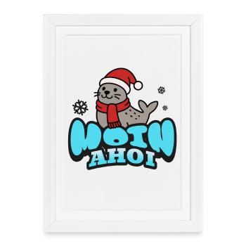 Moin &amp; Ahoi | Phoque avec bonnet de Père Noël - Affiche encadrée (27 × 37 cm) - blanc - Devant