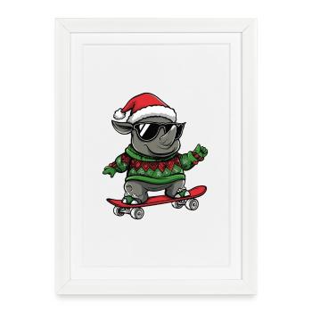 Rhinocéros Noël drôle - Affiche encadrée (27 × 37 cm) - blanc - Devant