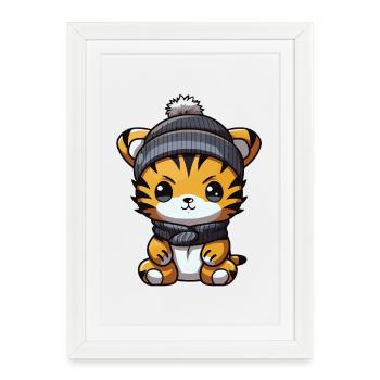 Tigre Hiver Animal Bébé Bande Dessinée - Affiche encadrée (27 × 37 cm) - blanc - Devant