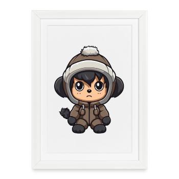 Singe Hiver Animal Bébé Bande Dessinée - Affiche encadrée (27 × 37 cm) - blanc - Devant