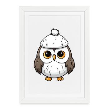 hibou hiver animal bébé bande dessinée - Affiche encadrée (27 × 37 cm) - blanc - Devant