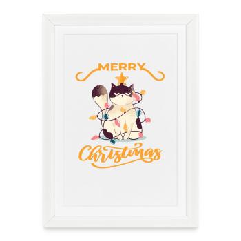 Chat excité Joyeux Noël Citation - Affiche encadrée (27 × 37 cm) - blanc - Devant