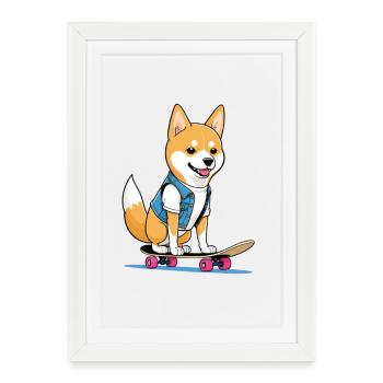 Corgi Skateboard Denim Look - Affiche encadrée (27 × 37 cm) - blanc - Devant