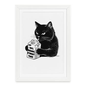 Cat drinks '100% Organic Student Tears' - Framed poster (27 × 37 cm) - white - Front