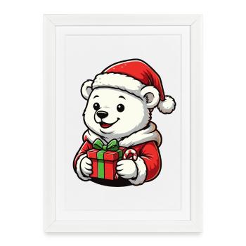 Ours polaire de Noël avec cadeau – Joli motif de Noël - Affiche encadrée (27 × 37 cm) - blanc - Devant
