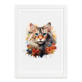 Maine Coon Katze – Art Portrait mit Blumen - Gerahmtes Poster (27 × 37 cm) - Weiß - Vorne