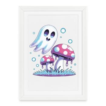 Fantôme Kawaii & Champignons – Design Pastel - Affiche encadrée (27 × 37 cm) - blanc - Devant