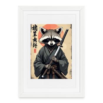 Samouraï raton laveur en kimono - Affiche encadrée (27 × 37 cm) - blanc - Devant