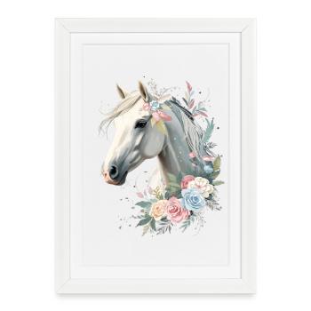Cheval avec couronne florale Aquarelle - Affiche encadrée (27 × 37 cm) - blanc - Devant