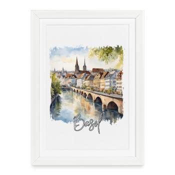 Aquarelle de Bâle, Bâle Suisse - Affiche encadrée (27 × 37 cm) - blanc - Devant