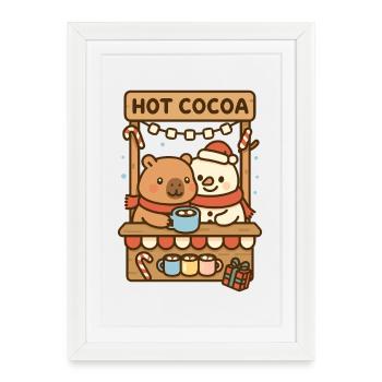 Capybara et bonhomme de neige au stand de cacao - Affiche encadrée (27 × 37 cm) - blanc - Devant