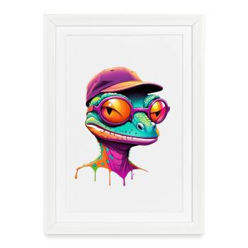 Gecko coloré avec casquette de lunettes de soleil - Affiche encadrée (27 × 37 cm) - blanc - Devant