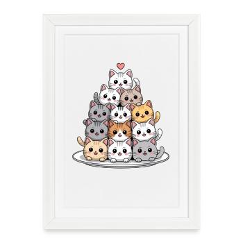 Chat mignon pile avec coeur dessin animé - Affiche encadrée (27 × 37 cm) - blanc - Devant
