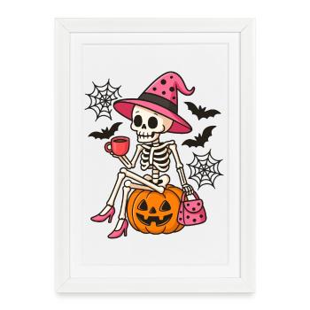 Squelette sorcière Halloween mignon rose - Affiche encadrée (27 × 37 cm) - blanc - Devant