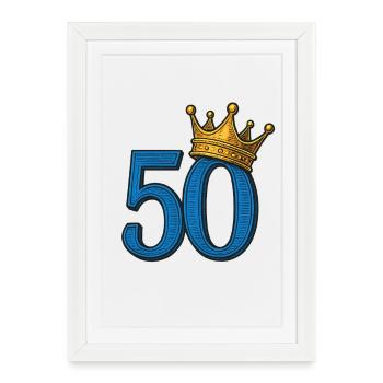 Bleu 50 avec couronne d’or – Noble anniversaire du - Affiche encadrée (27 × 37 cm) - blanc - Devant