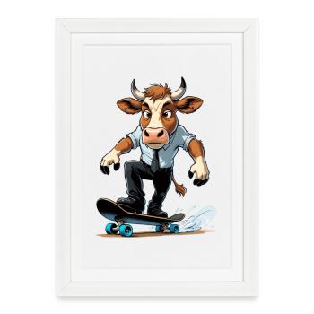 Cow on skateboard in suit - Framed poster (27 × 37 cm) - white - Front