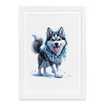 Husky de glace avec collier en cristal de glace - Affiche encadrée (27 × 37 cm) - blanc - Devant