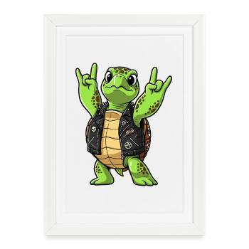 Rock'n'Roll Schildkröte trägt Lederjacke - Gerahmtes Poster (27 × 37 cm) - Weiß - Vorne