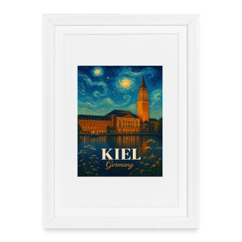 Kiel Affiche Vue de Nuit Kiel Allemagne - Affiche encadrée (27 × 37 cm) - blanc - Devant