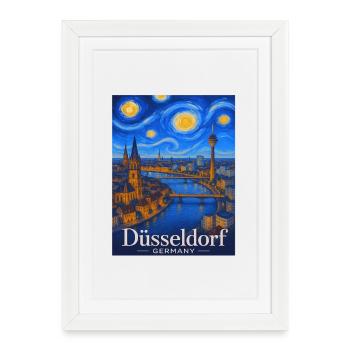Panorama nocturne de Düsseldorf sur le Rhin - Affiche encadrée (27 × 37 cm) - blanc - Devant