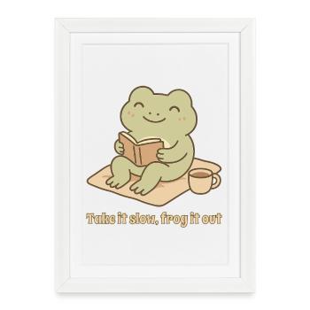 Reading Frog – Allez-y doucement Design - Affiche encadrée (27 × 37 cm) - blanc - Devant