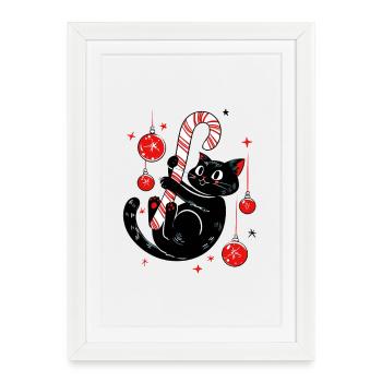 Jolly Black Cat avec canne à sucre - mignon chat de vacances - Affiche encadrée (27 × 37 cm) - blanc - Devant