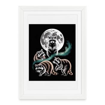 Raccoons under the full moon in the night forest - Framed poster (27 × 37 cm) - white - Front