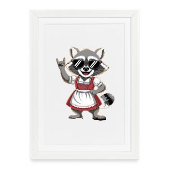 Drôle de raton laveur en dirndl avec des lunettes de soleil et - Affiche encadrée (27 × 37 cm) - blanc - Devant