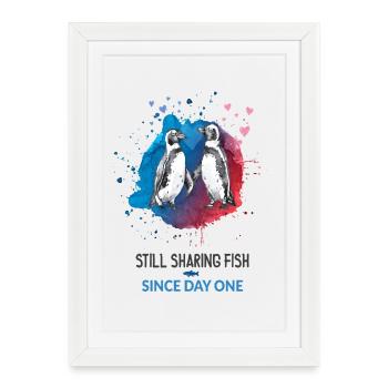 Still Sharing Fish – Funny Penguin Couple Shirt - Framed poster (27 × 37 cm) - white - Front