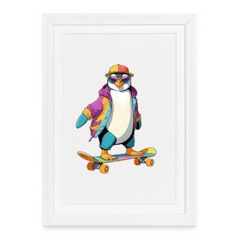 Pingouin Skateboard Look Neon - Affiche encadrée (27 × 37 cm) - blanc - Devant