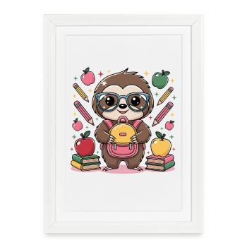 Paresseux mignon entouré d’un sac à dos et de lunettes - Affiche encadrée (27 × 37 cm) - blanc - Devant