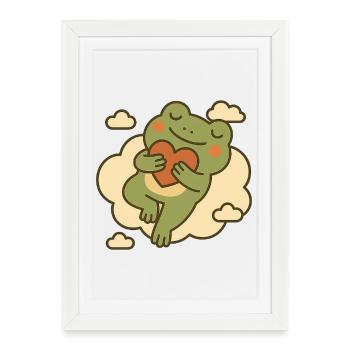 Grenouille avec cœur sur nuage – Amour et tranquillité - Affiche encadrée (27 × 37 cm) - blanc - Devant