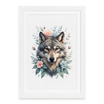 Wolf's head with flower wreath - Framed poster (27 × 37 cm) - white - Front