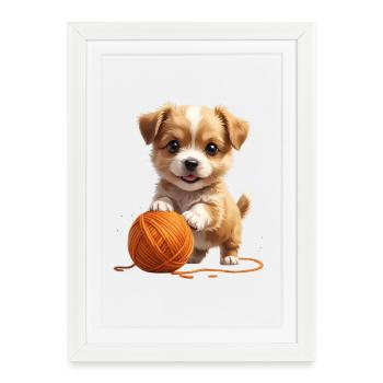 Chien câlin avec pelote de laine - Affiche encadrée (27 × 37 cm) - blanc - Devant