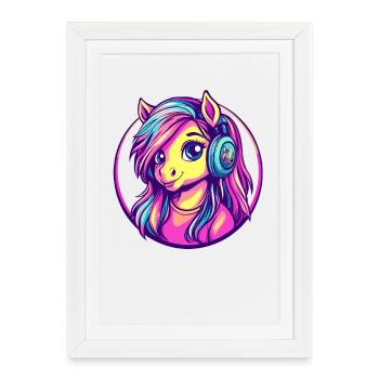 Poney néon avec casque – poney de dessin animé coloré - Affiche encadrée (27 × 37 cm) - blanc - Devant