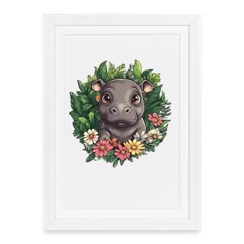 Hippopotame dans le jardin fleuri - Affiche encadrée (27 × 37 cm) - blanc - Devant