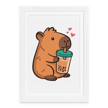 Capybara Bubble Tea Kawaii Boba Tea Thé au lait - Affiche encadrée (27 × 37 cm) - blanc - Devant