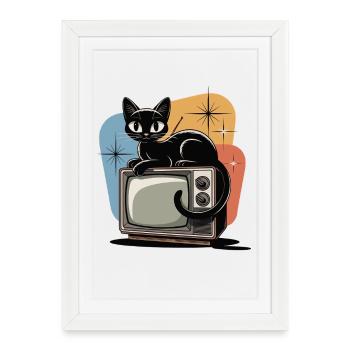 Atomique ère rétro chat vintage TV 50s 60s - Affiche encadrée (27 × 37 cm) - blanc - Devant